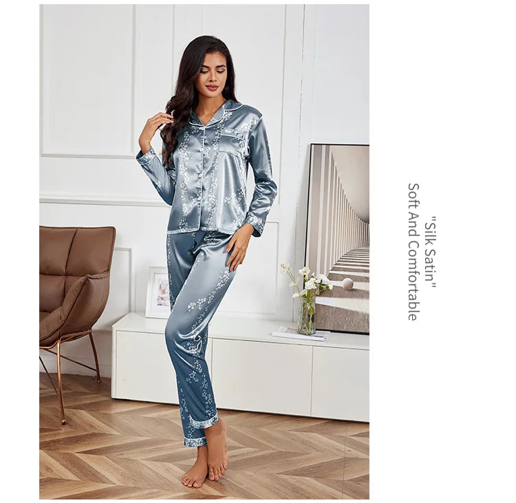 Pijama camisero de satén estampado con pantalón largo