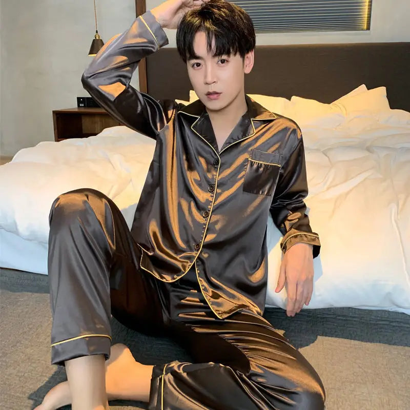 Pijama camisero de satén liso para hombre