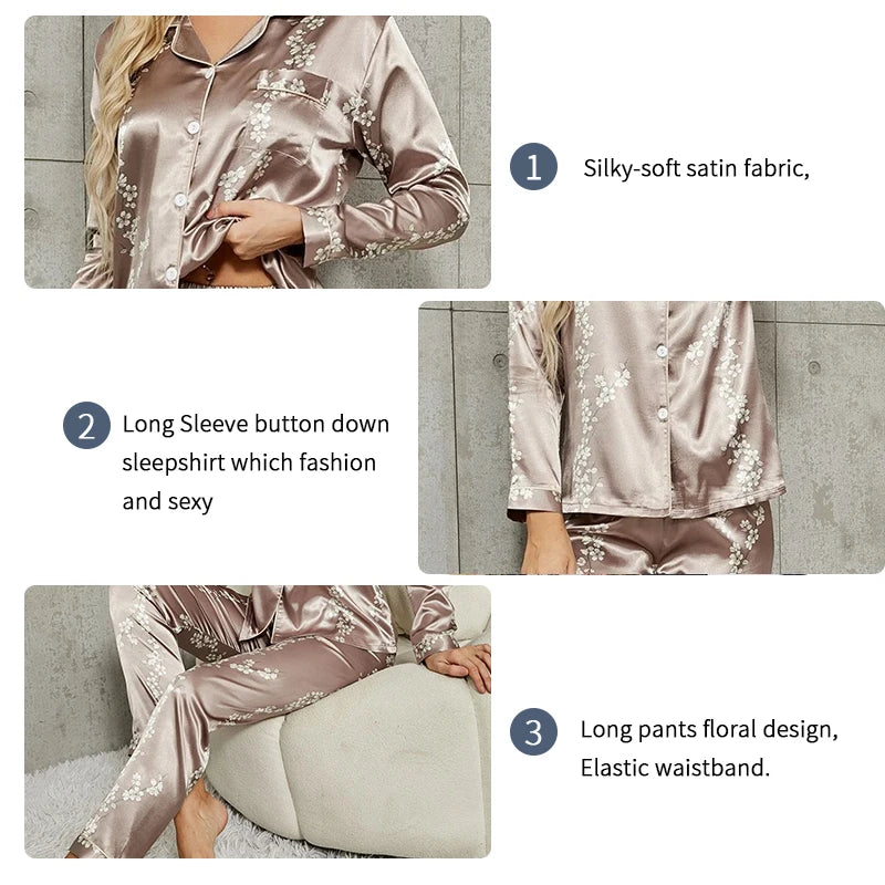 Pijama camisero de satén estampado con pantalón largo