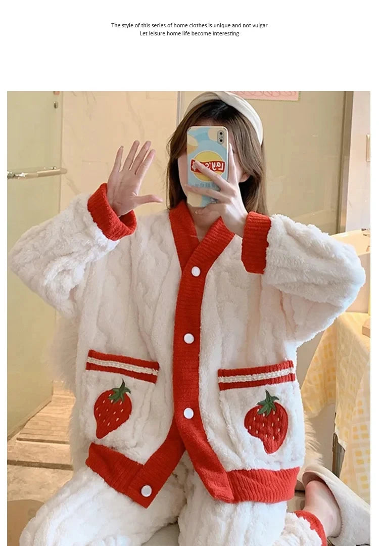 Pijama grueso estampado para mujer con escote en V