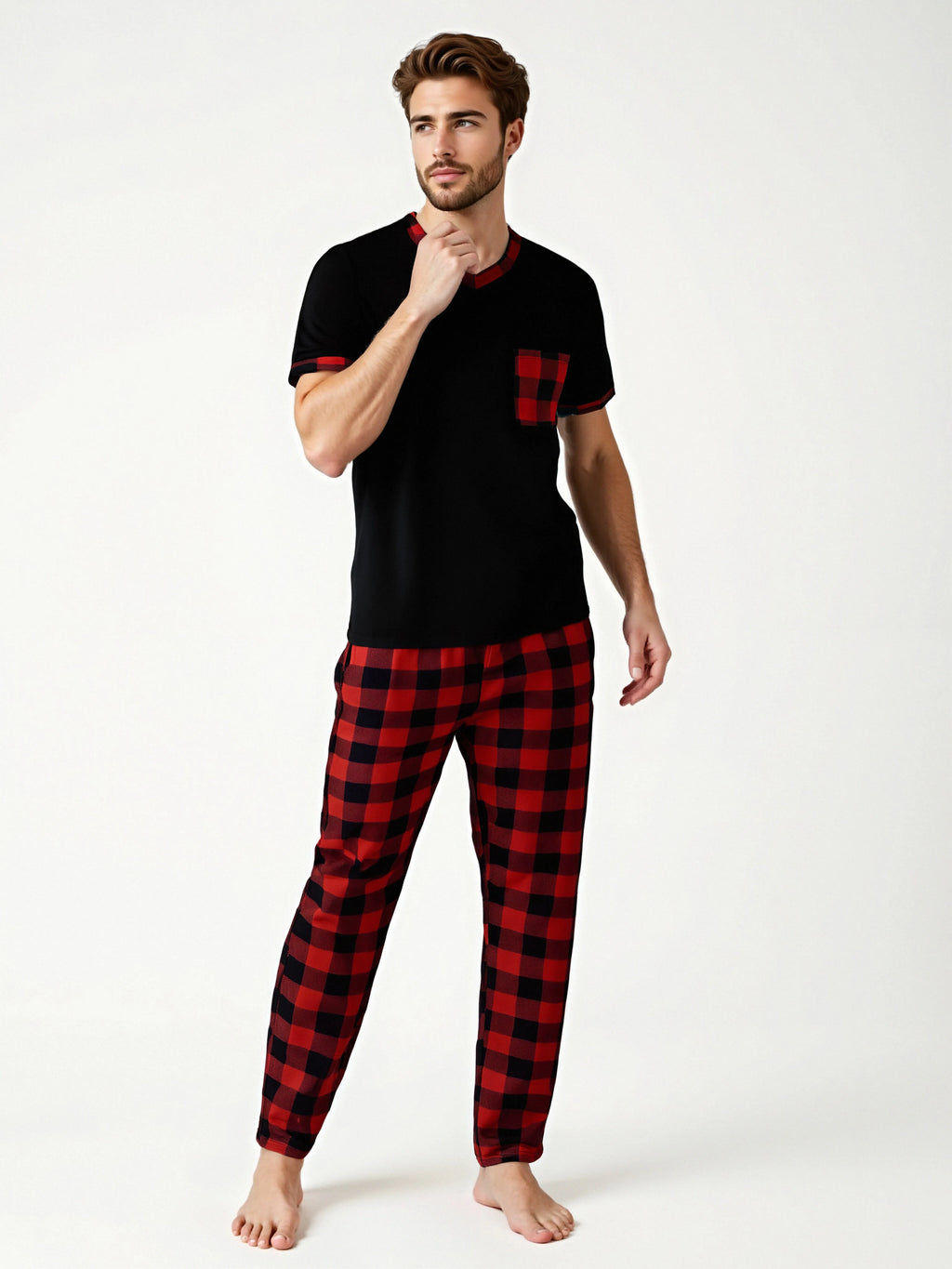 Pijama para hombre con cuello en V y pantalón a cuadros