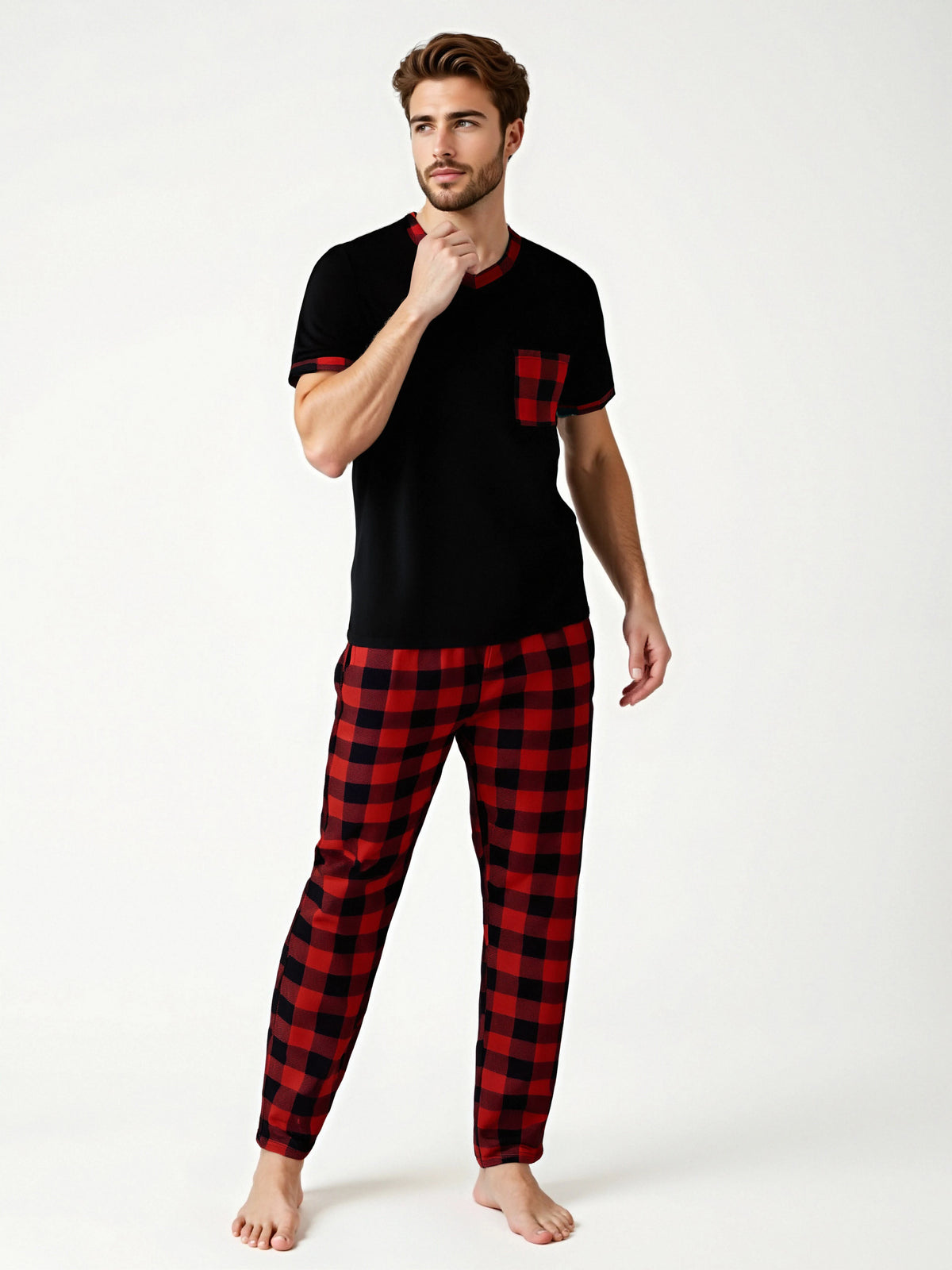 Pijama para hombre con cuello en V y pantalón a cuadros