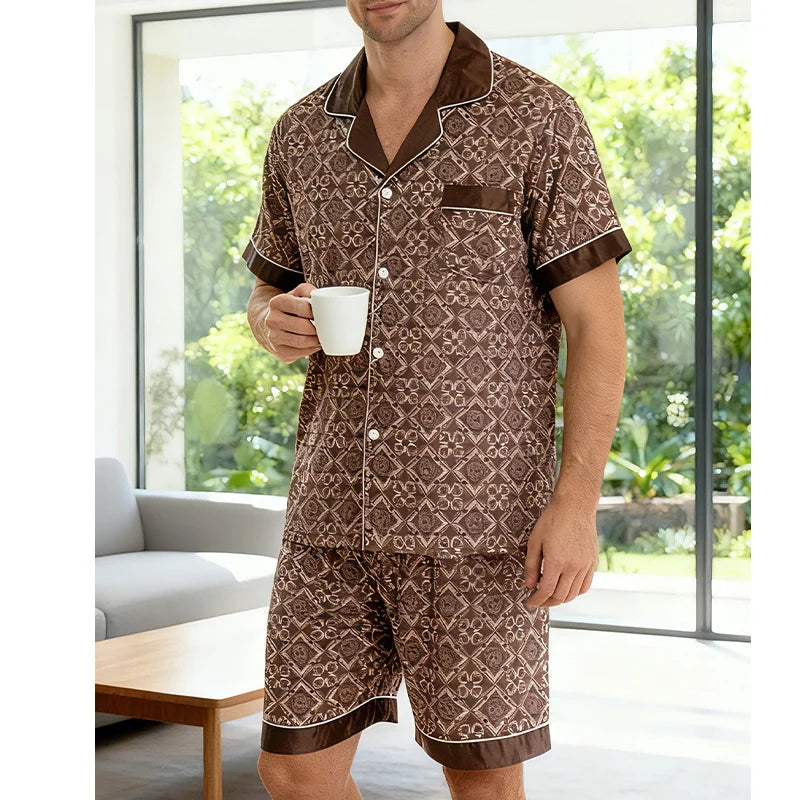 Pijama corto para hombre a cuadros con camisa abotonada