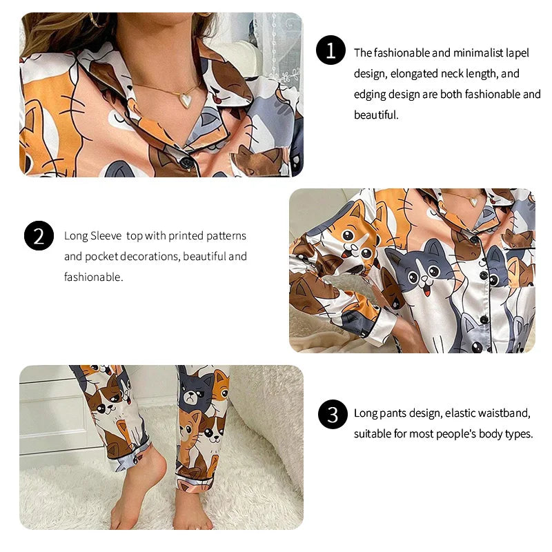 Pijama camisero de satén con estampado de gatos