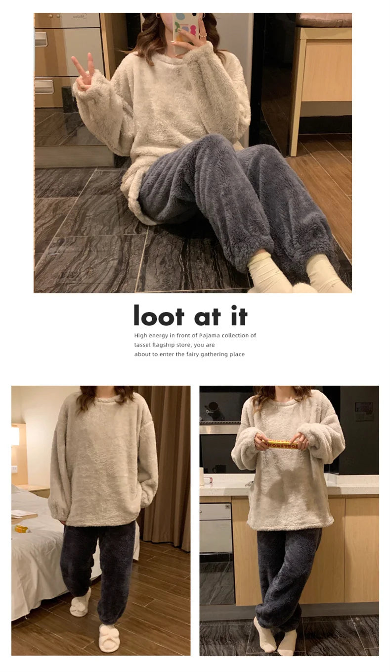 Pijama de polar liso para mujer de dos piezas