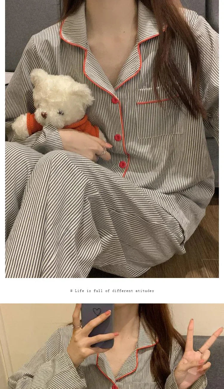 Pijama camisero gris a rayas de manga larga