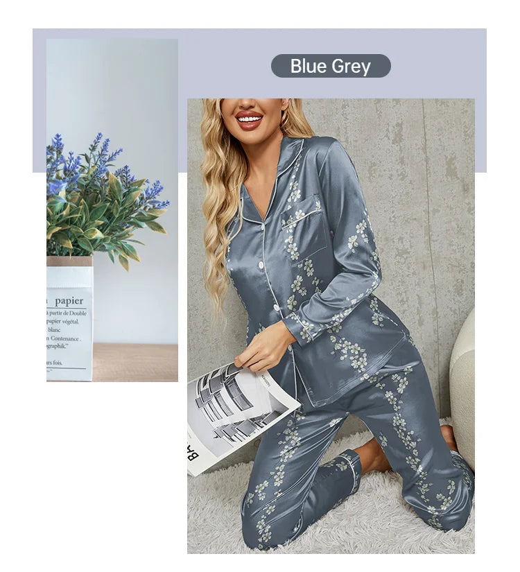 Pijama camisero de satén estampado con pantalón largo