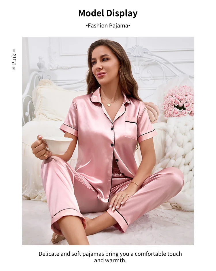 Pijama camisero de manga corta y pantalón satinado