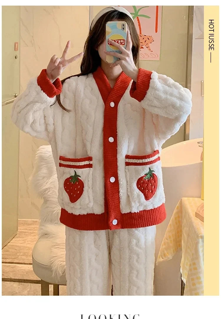 Pijama grueso estampado para mujer con escote en V