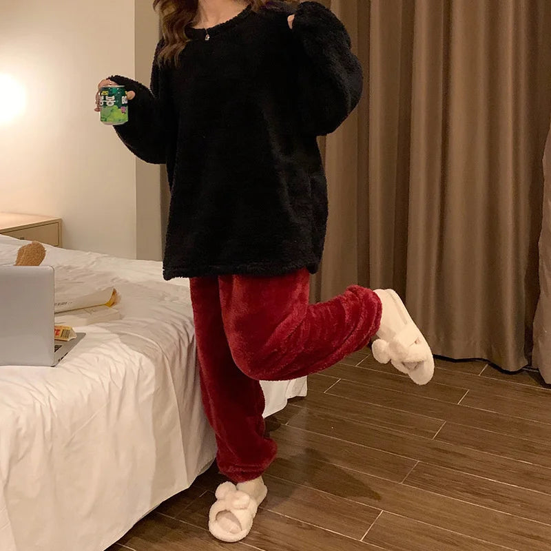 Pijama de polar liso para mujer de dos piezas