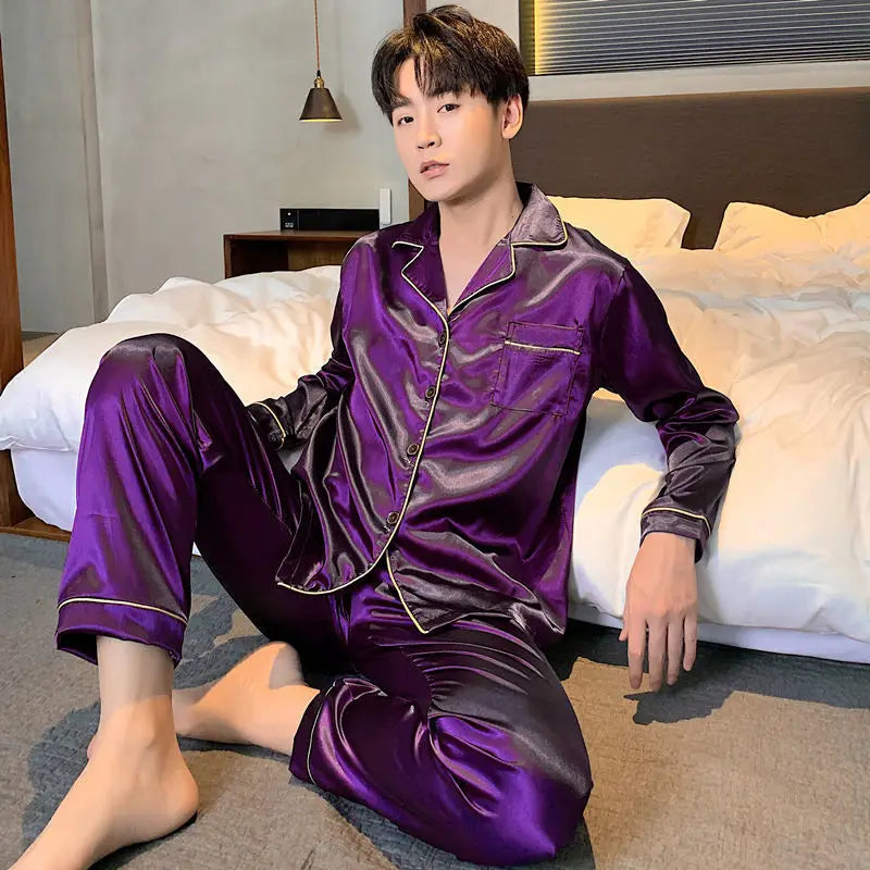 Pijama camisero de satén liso para hombre