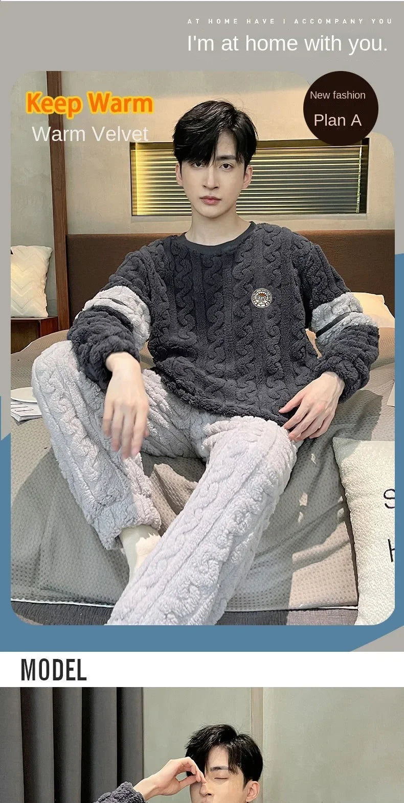 Pijama largo para hombre de cuello redondo
