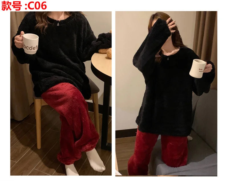Pijama de polar liso para mujer de dos piezas