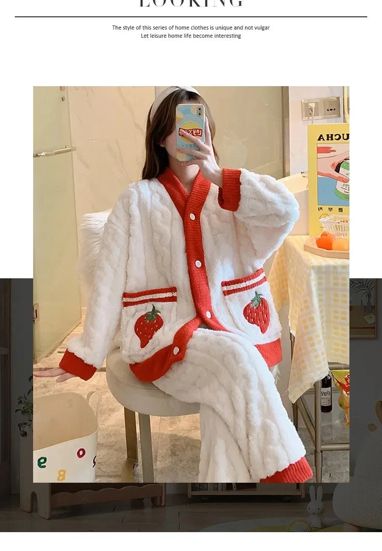 Pijama grueso estampado para mujer con escote en V