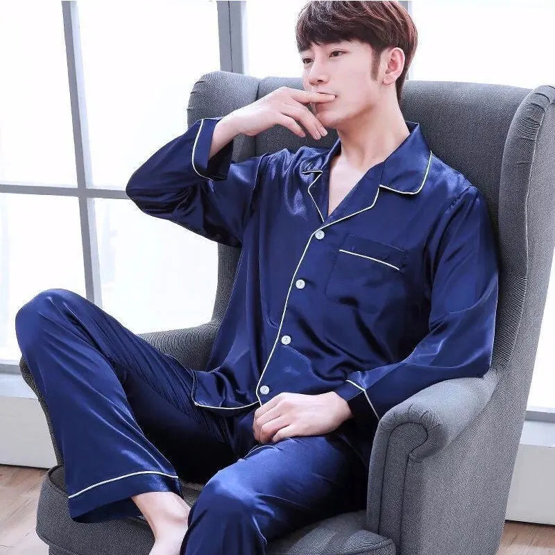 Pijama camisero de satén liso para hombre