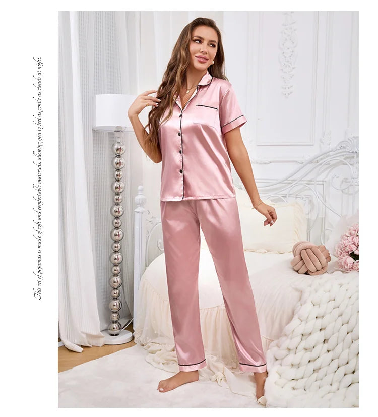 Pijama camisero de manga corta y pantalón satinado