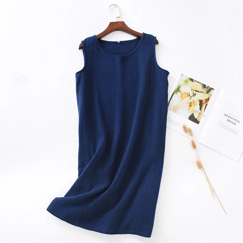 Camisón musculosa de algodón crepé con cuello redondo