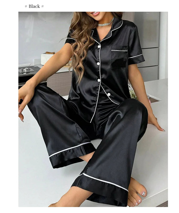 Pijama camisero de manga corta y pantalón satinado