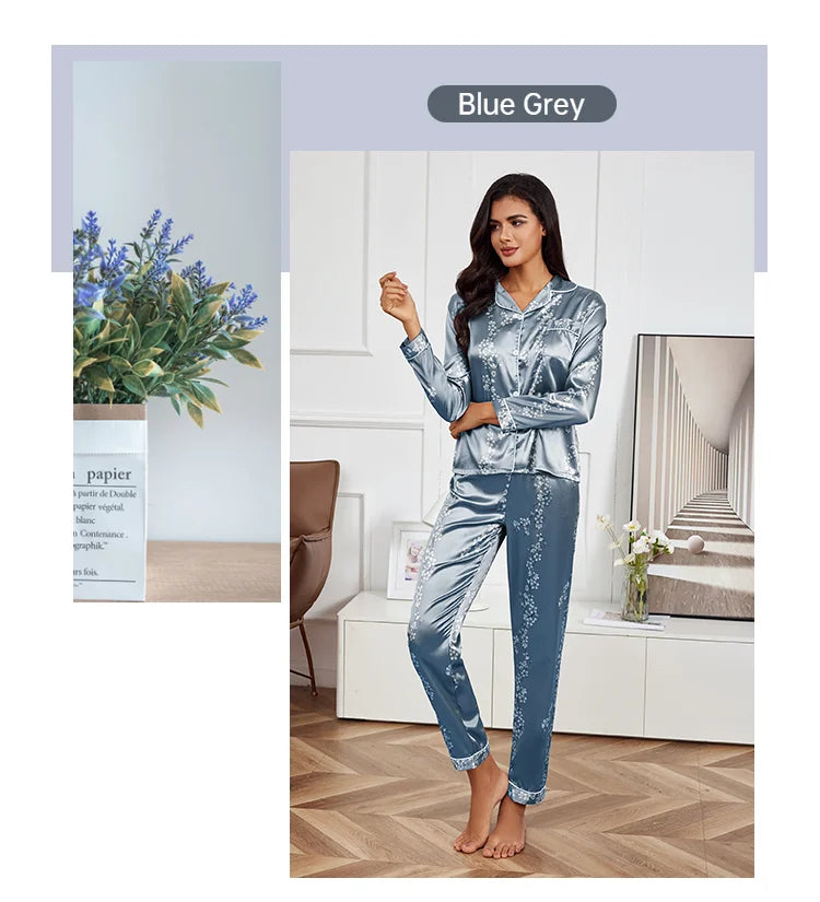 Pijama camisero de satén estampado con pantalón largo