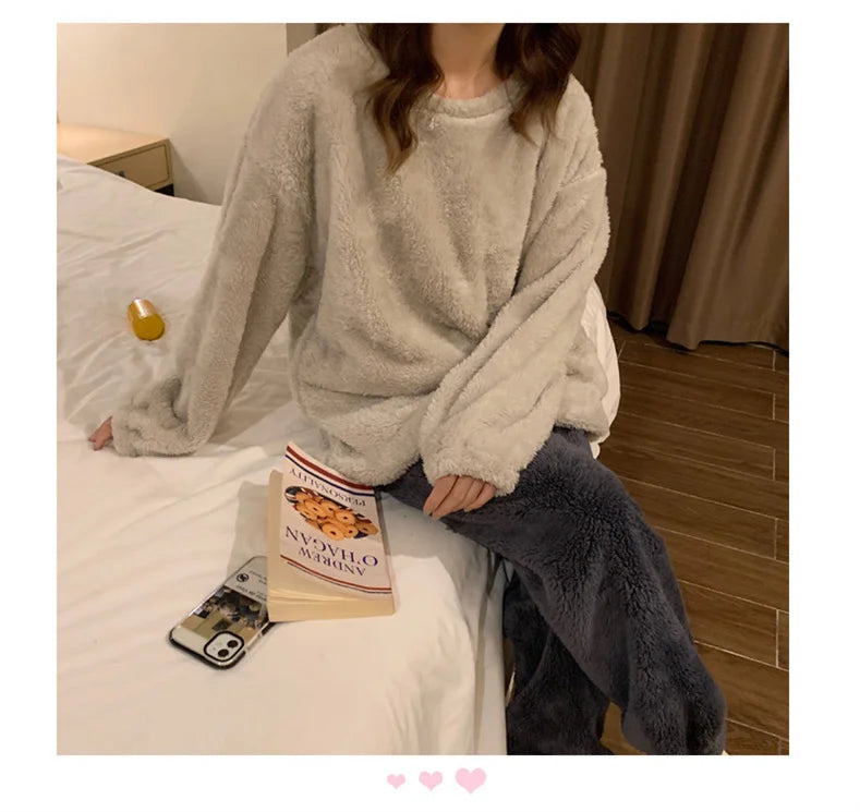 Pijama de polar liso para mujer de dos piezas
