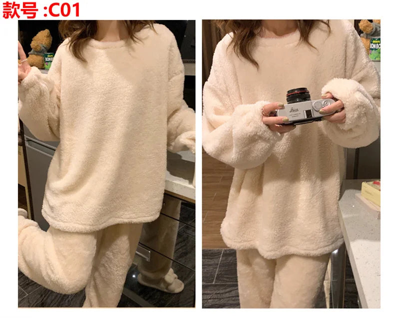 Pijama de polar liso para mujer de dos piezas