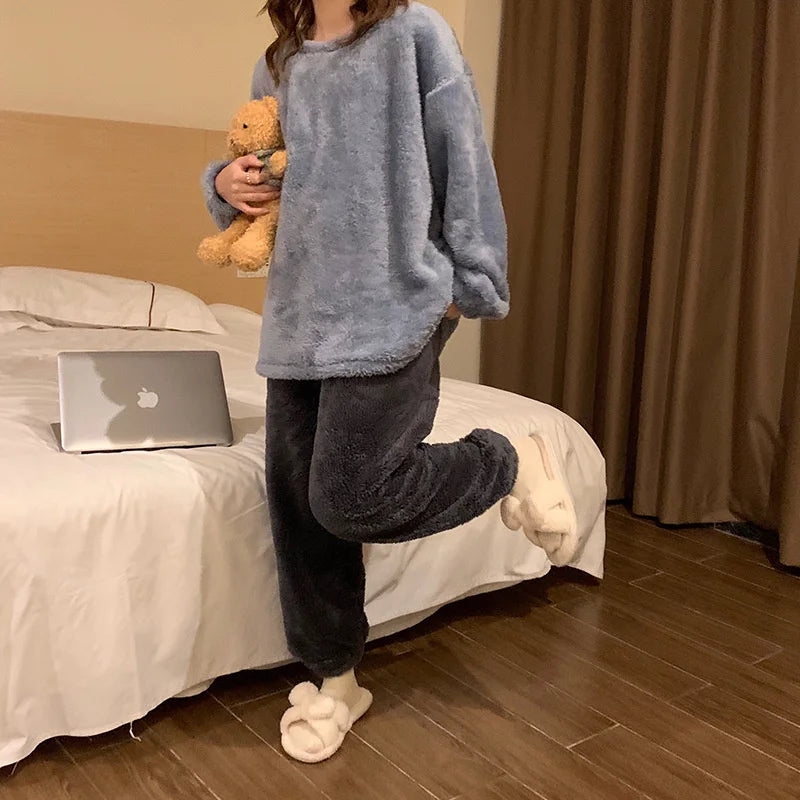 Pijama de polar liso para mujer de dos piezas