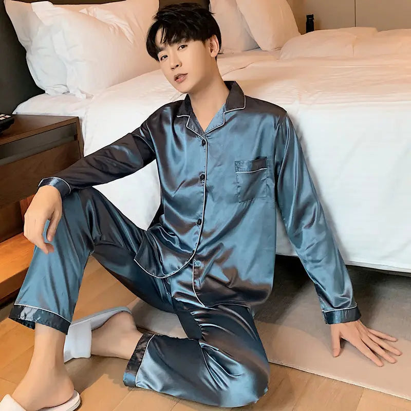 Pijama camisero de satén liso para hombre