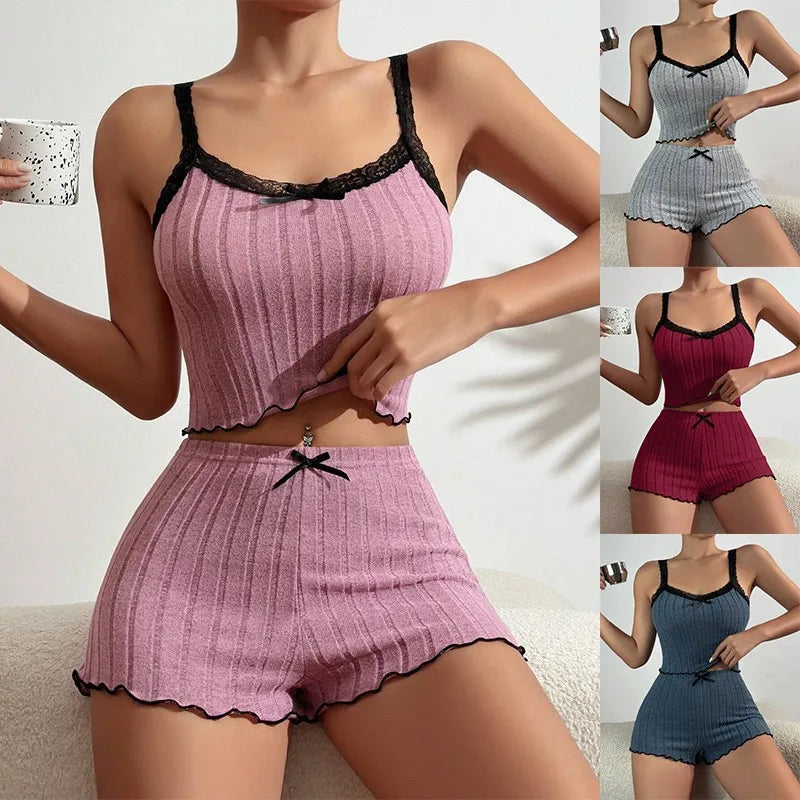 Pijama acanalado de musculosa corta con encaje y moño