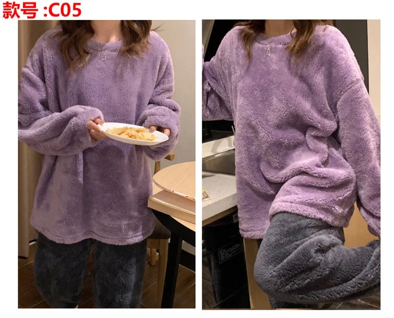 Pijama de polar liso para mujer de dos piezas