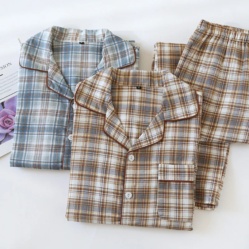 Pijama camisero de algodón para hombre a cuadros