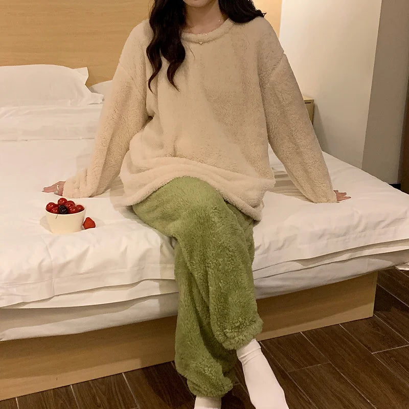 Pijama de polar liso para mujer de dos piezas