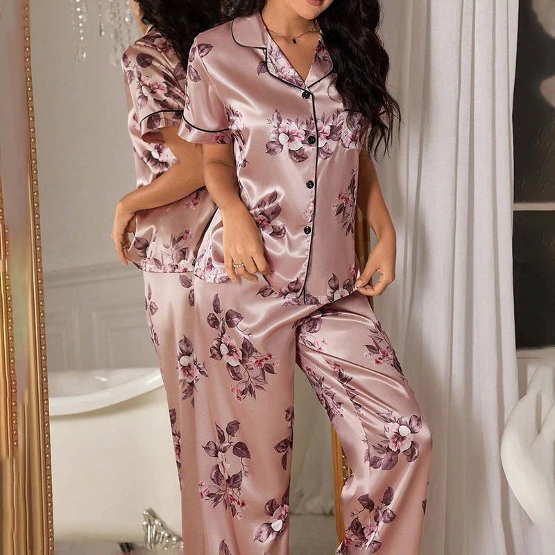 Pijama camisero de manga corta y pantalón satinado