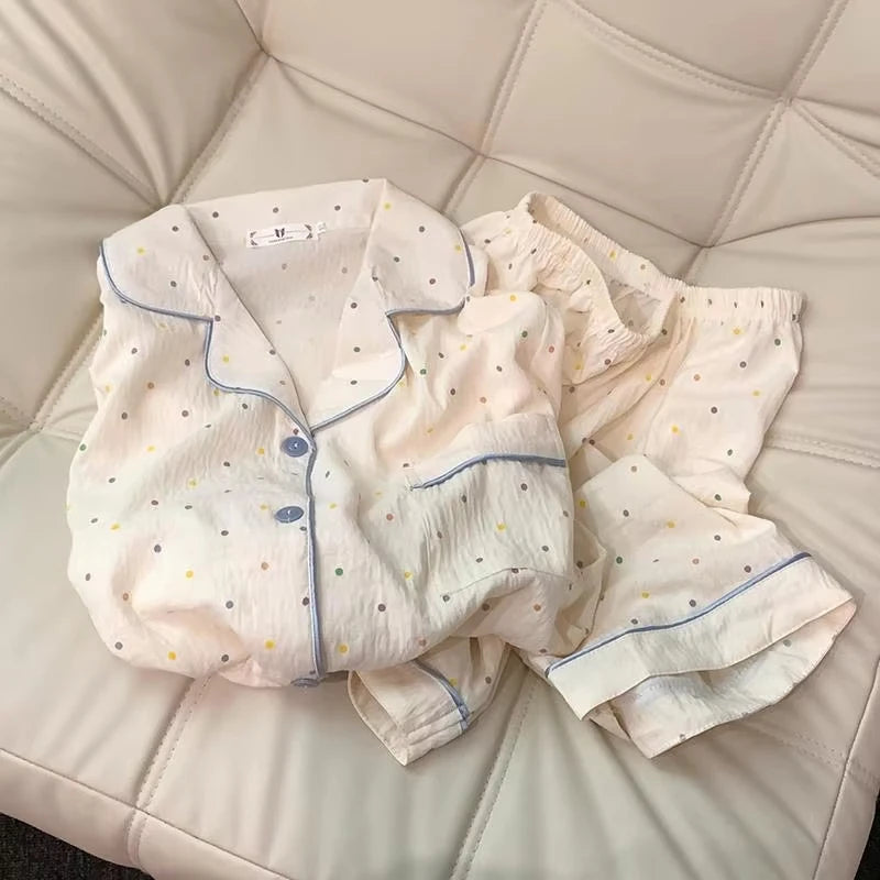 Pijama camisero corto de algodón y elastano con lunares