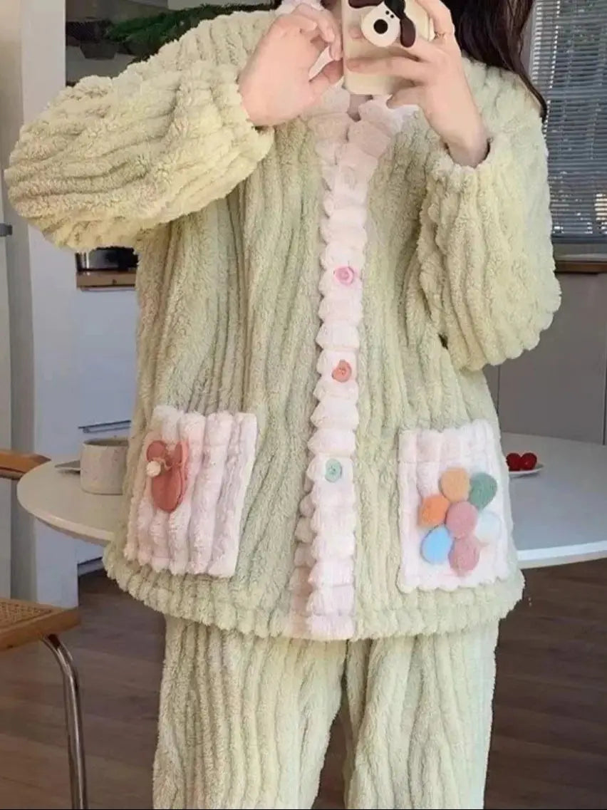 Pijama de franela floral para mujer con escote en V