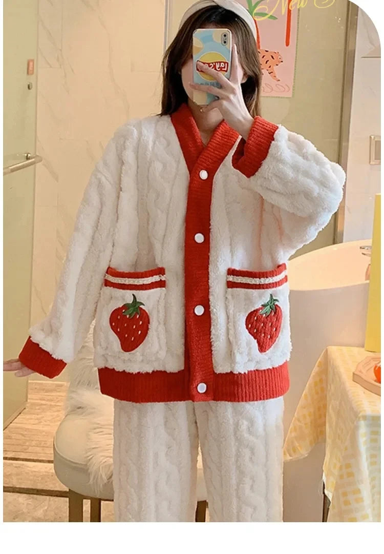 Pijama grueso estampado para mujer con escote en V