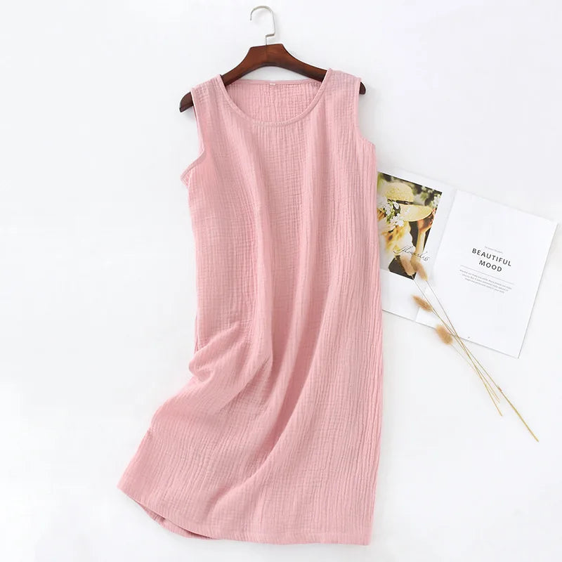 Camisón musculosa de algodón crepé con cuello redondo