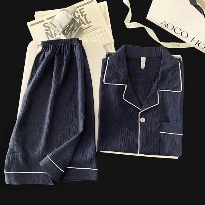 Pijama liso para hombre con cuello camisero y short