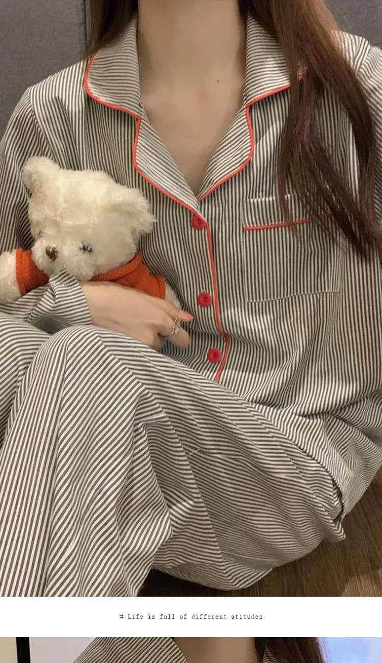 Pijama camisero gris a rayas de manga larga