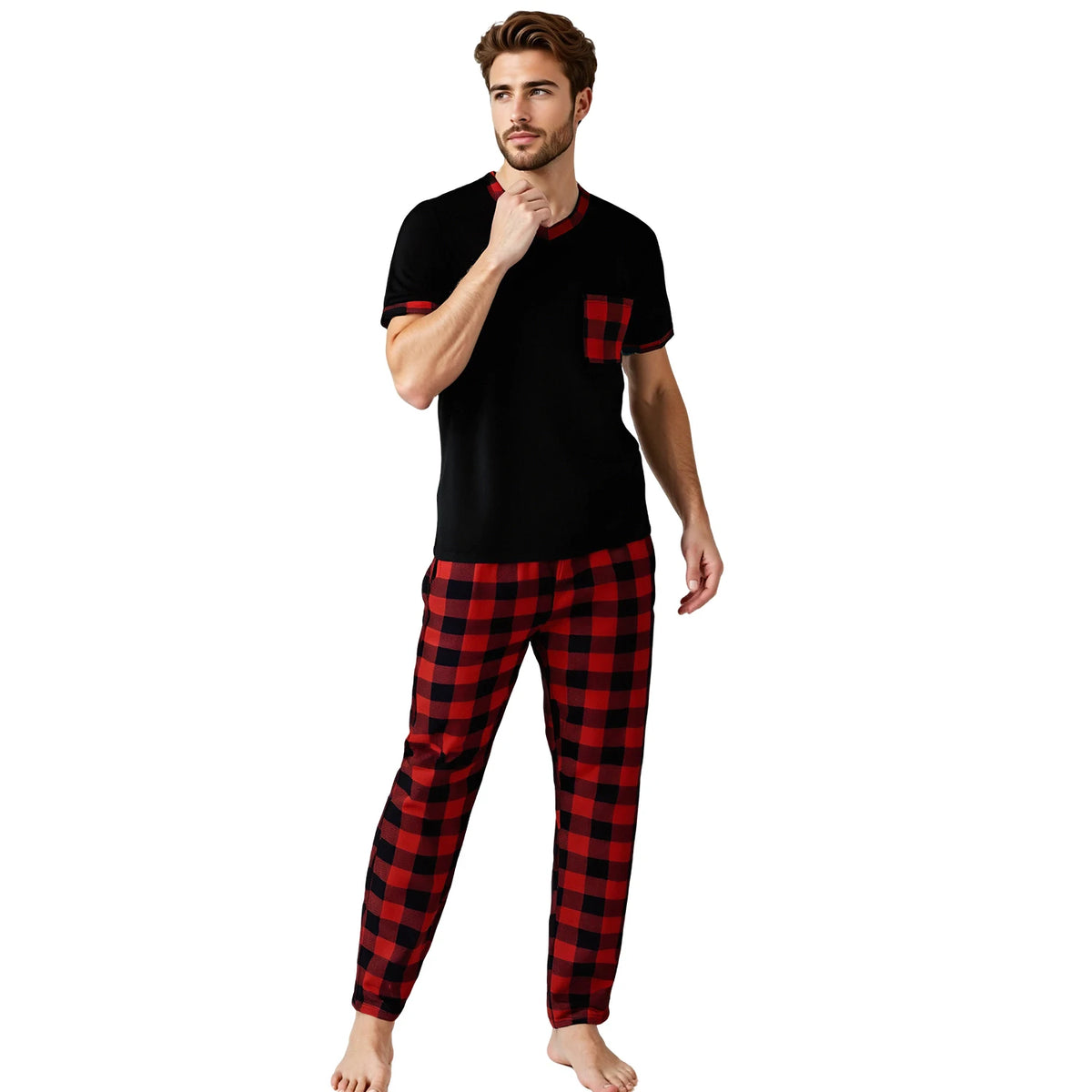 Pijama para hombre con cuello en V y pantalón a cuadros