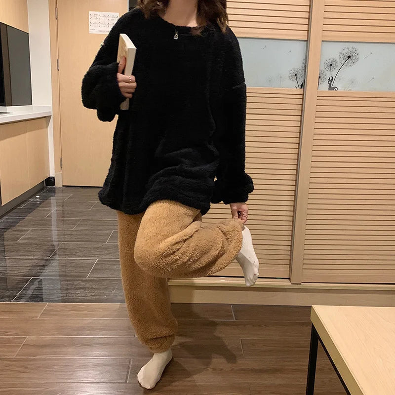 Pijama de polar liso para mujer de dos piezas