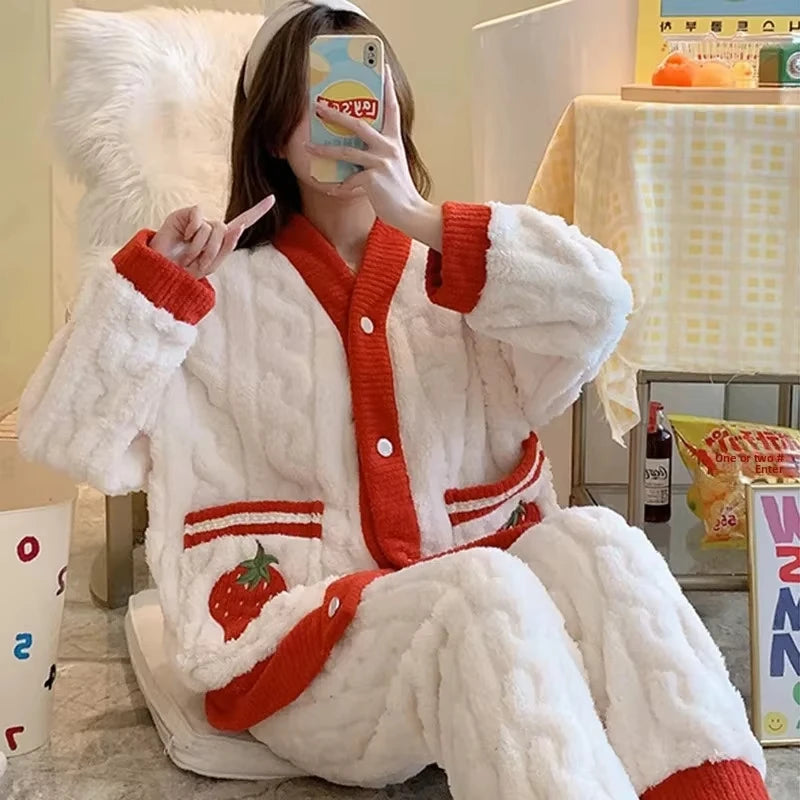 Pijama grueso estampado para mujer con escote en V