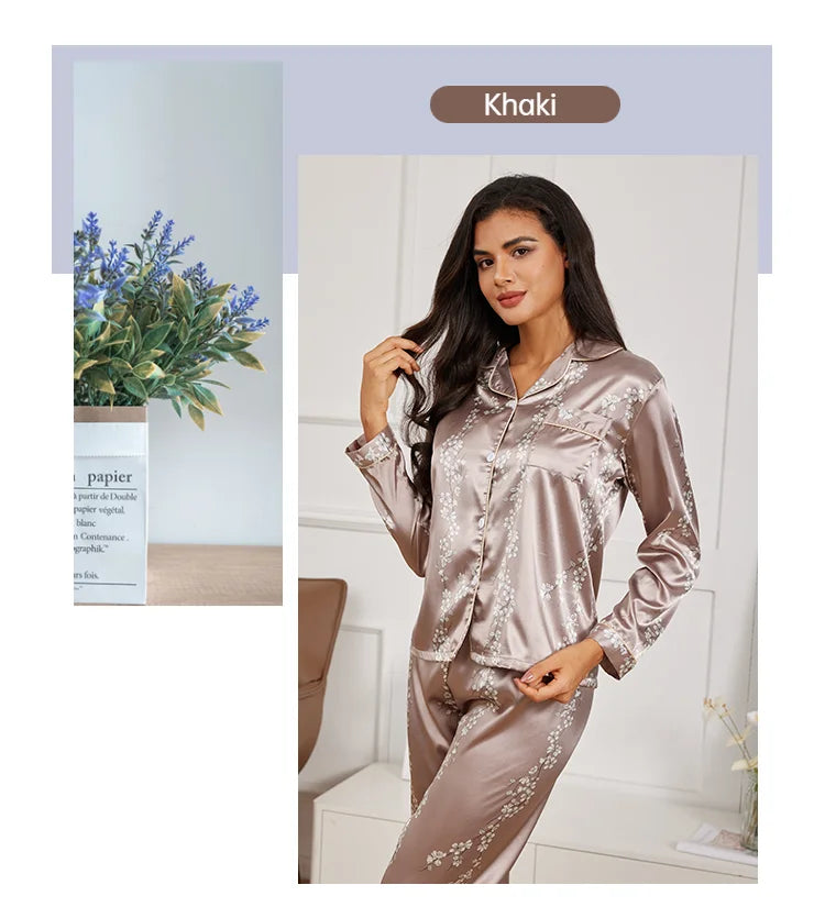 Pijama camisero de satén estampado con pantalón largo