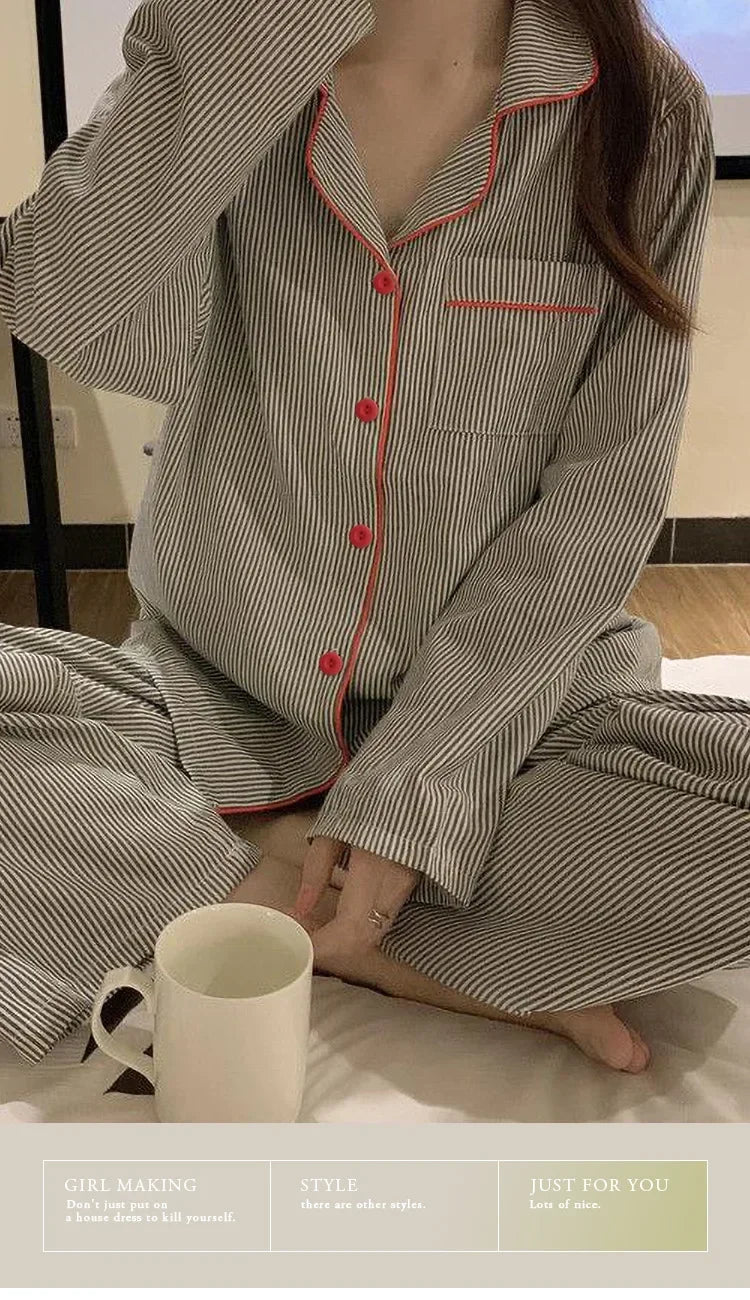 Pijama camisero gris a rayas de manga larga
