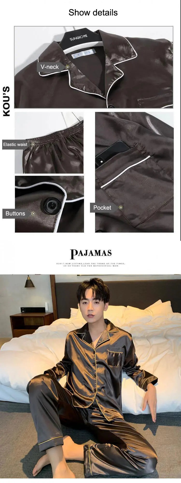 Pijama camisero de satén liso para hombre