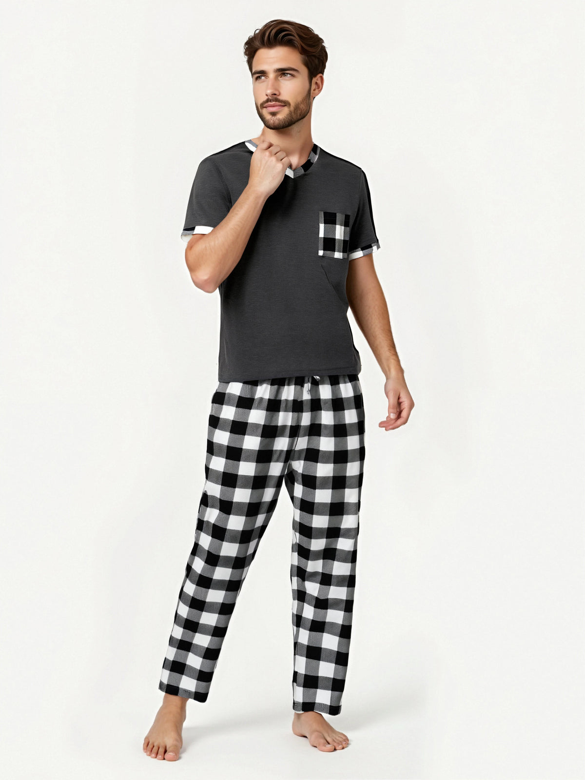 Pijama para hombre con cuello en V y pantalón a cuadros