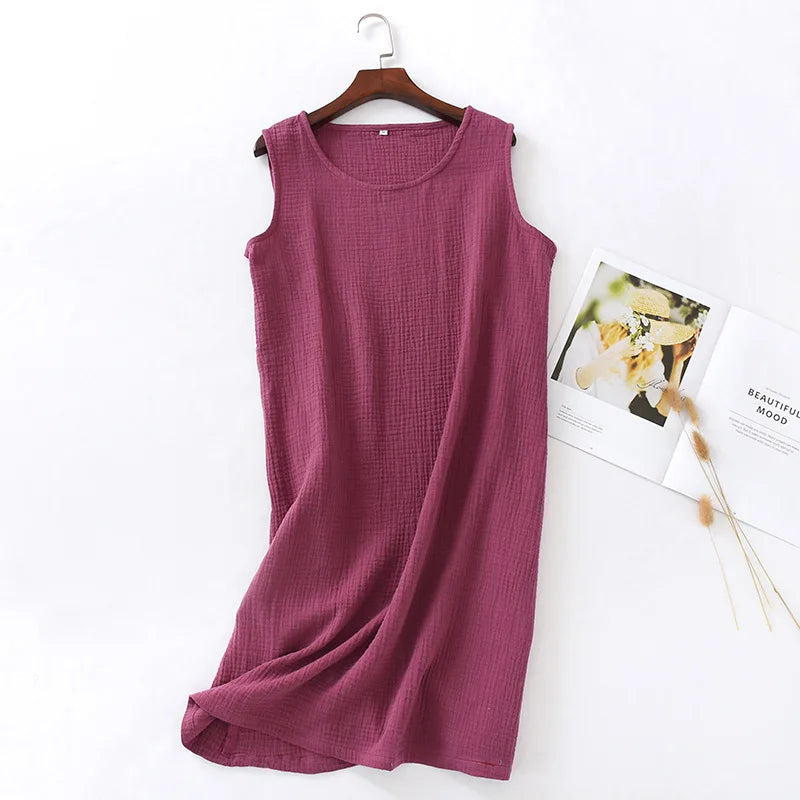 Camisón musculosa de algodón crepé con cuello redondo