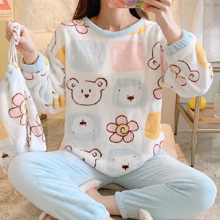 Pijama de invierno para mujer con osito y cuadros