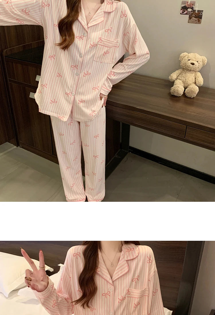 Pijama largo estampado con cuello de solapas