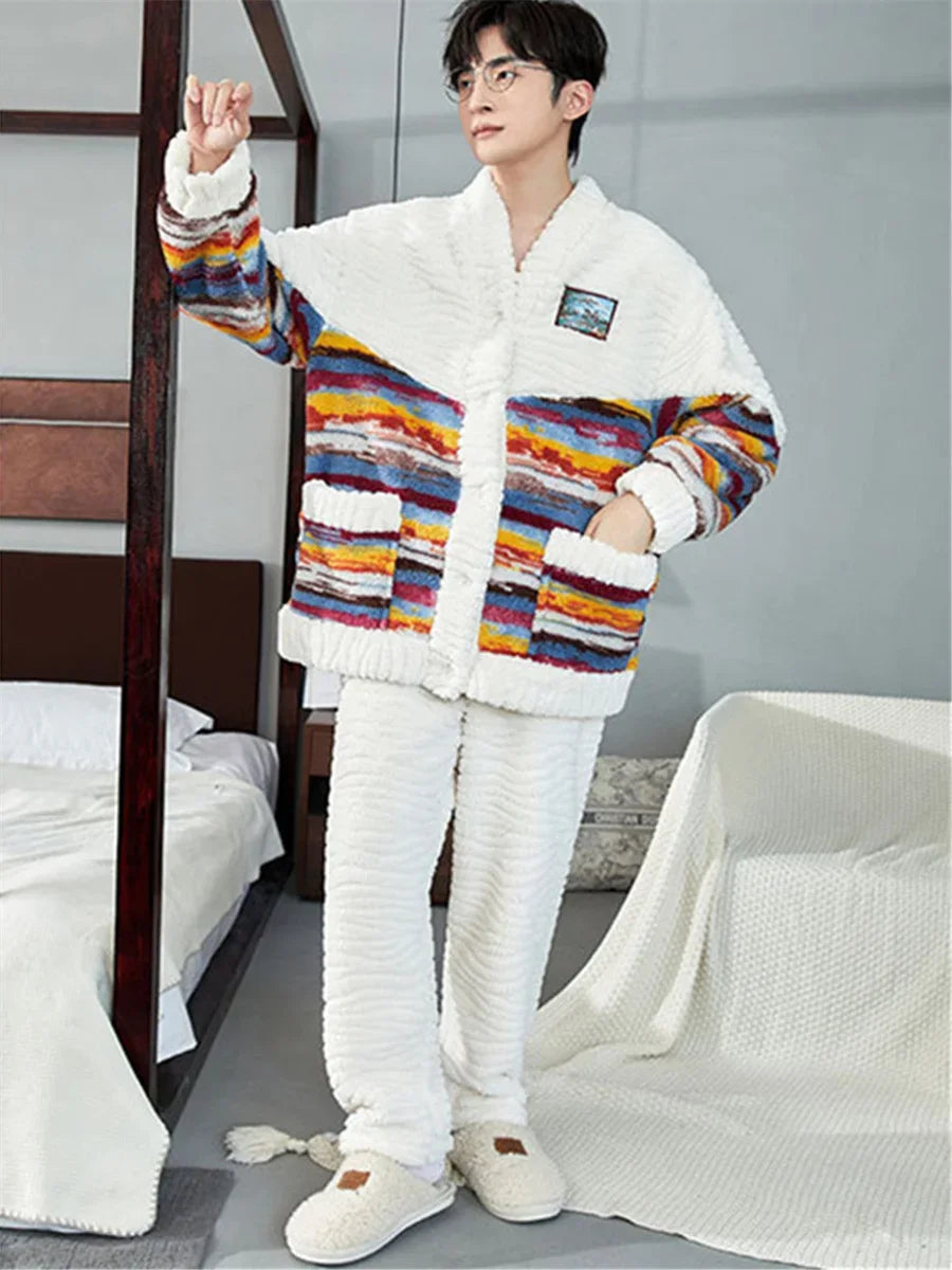 Pijama de polar para hombre con chaqueta abotonada