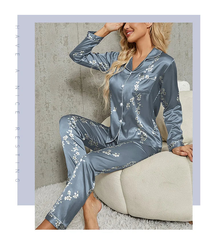 Pijama camisero de satén estampado con pantalón largo